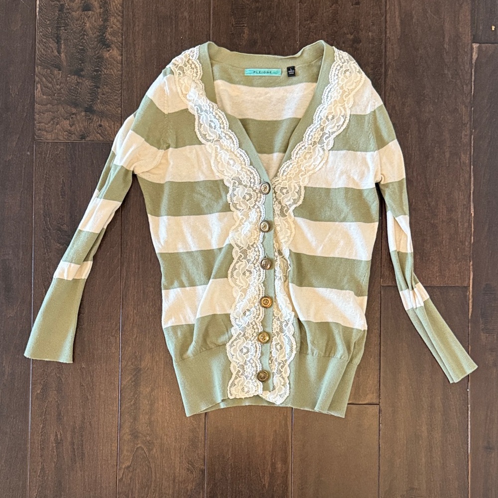 Pleione Sage Green & Cream Striped Lace-Trim Cotton Cardigan
